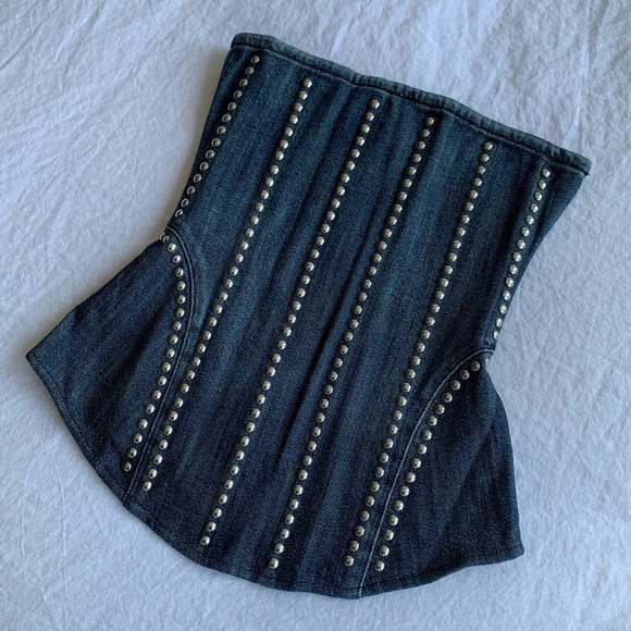 NWT Miaou Libra Stud Denim Jean Cotton Strapless Corset Bustier Top Duran Silver - Picture 5 of 10